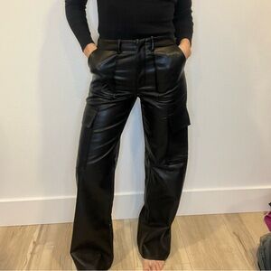 Wayf Black Wide Leg faux leather cargo Pants